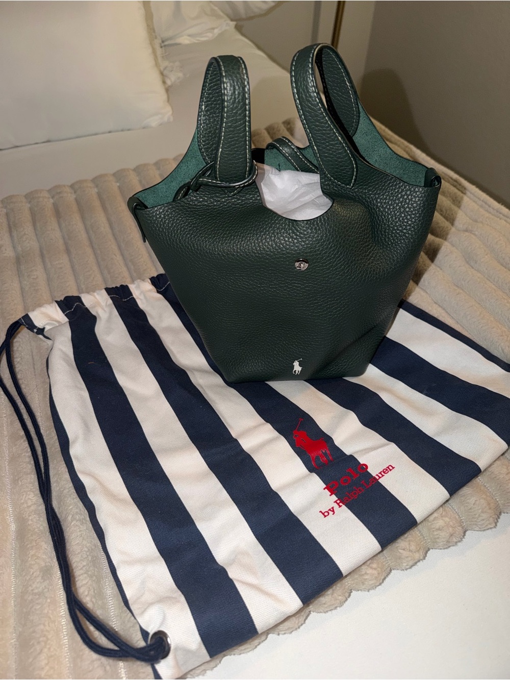 Ralph Lauren Green Pebbled Leather mini bucket Bag